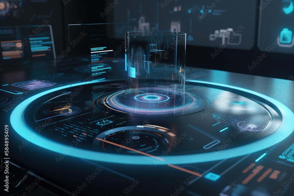 Poster a futuristic display with a glass cube on top of it and a blue light workshop animation motion graph