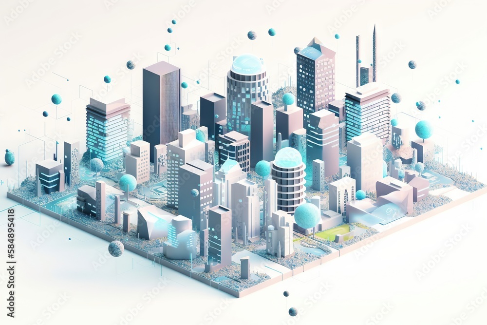 Poster a city with buildings and blue balls floating around it with a white background modern urban skyline