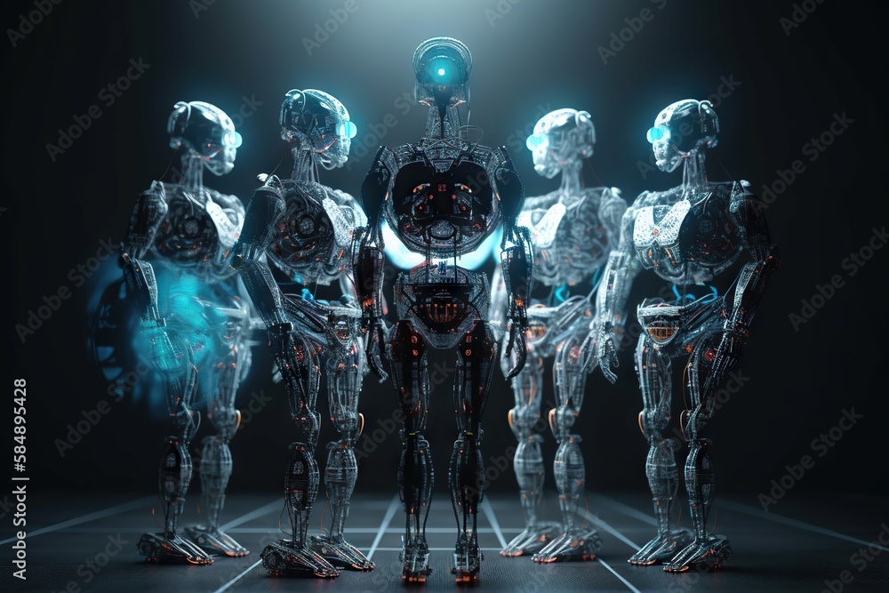 Poster a group of humanoids standing in a dark room with a light shining on them workshop assemblage roboti