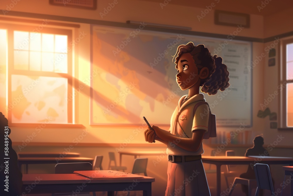 Poster a girl standing in a classroom with a cell phone in her hand classroom animation animation filmmakin