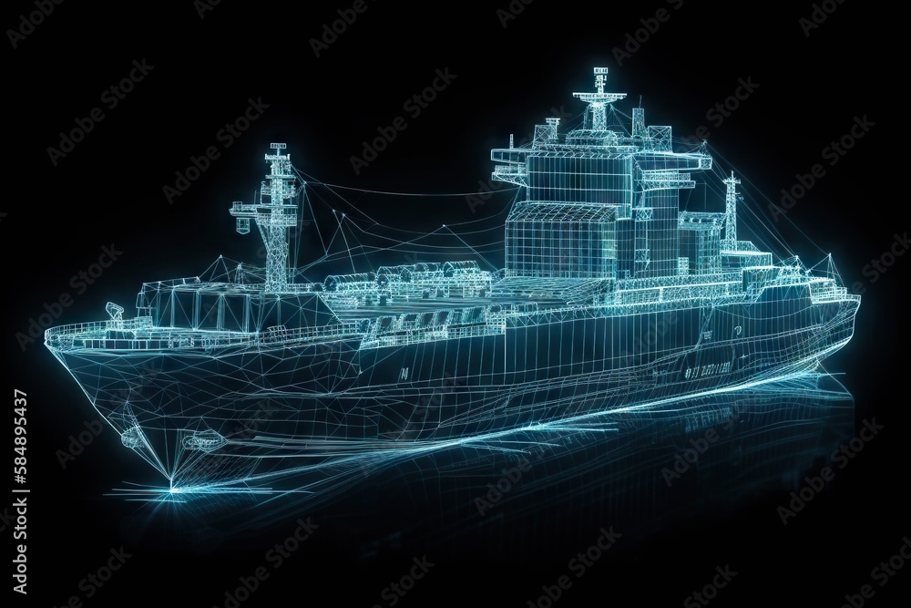 Poster a large ship is depicted in a 3d image with a black background industrial port photorealism supply c