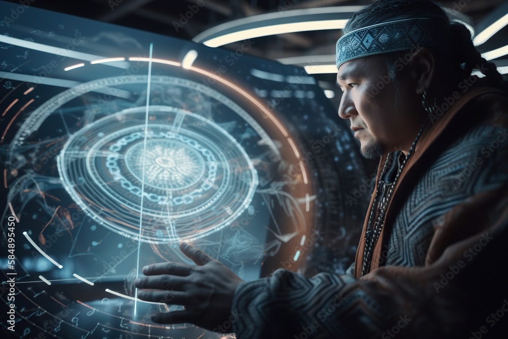 Poster a man in a space station looking at a computer screen with a futuristic design tundra graphic design