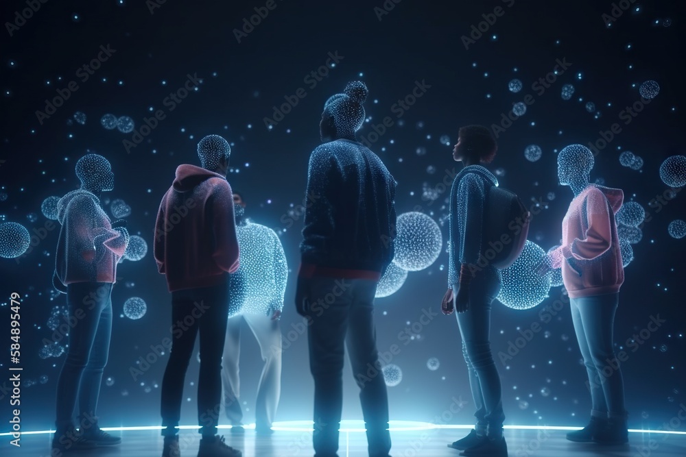 Aufkleber a group of people standing in front of a wall with bubbles science museum animation motion graphics 