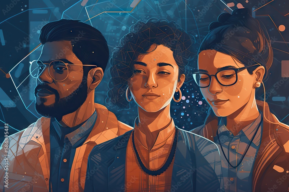Poster a group of people standing next to each other in front of a computer screen factory graphic design d