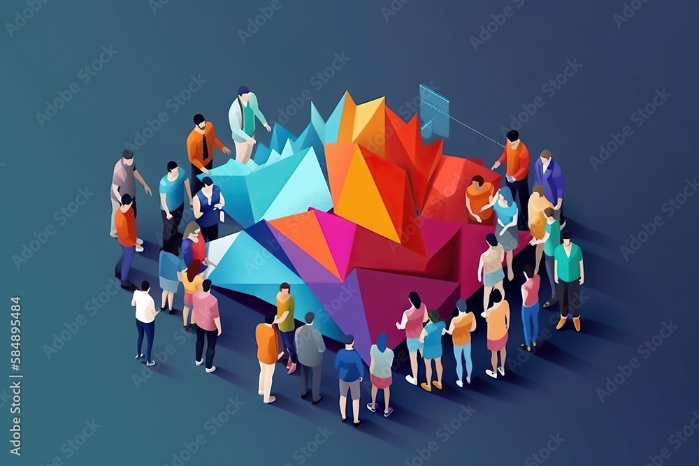 Poster a group of people standing around a colorful object on a blue background workshop graphic design hr 