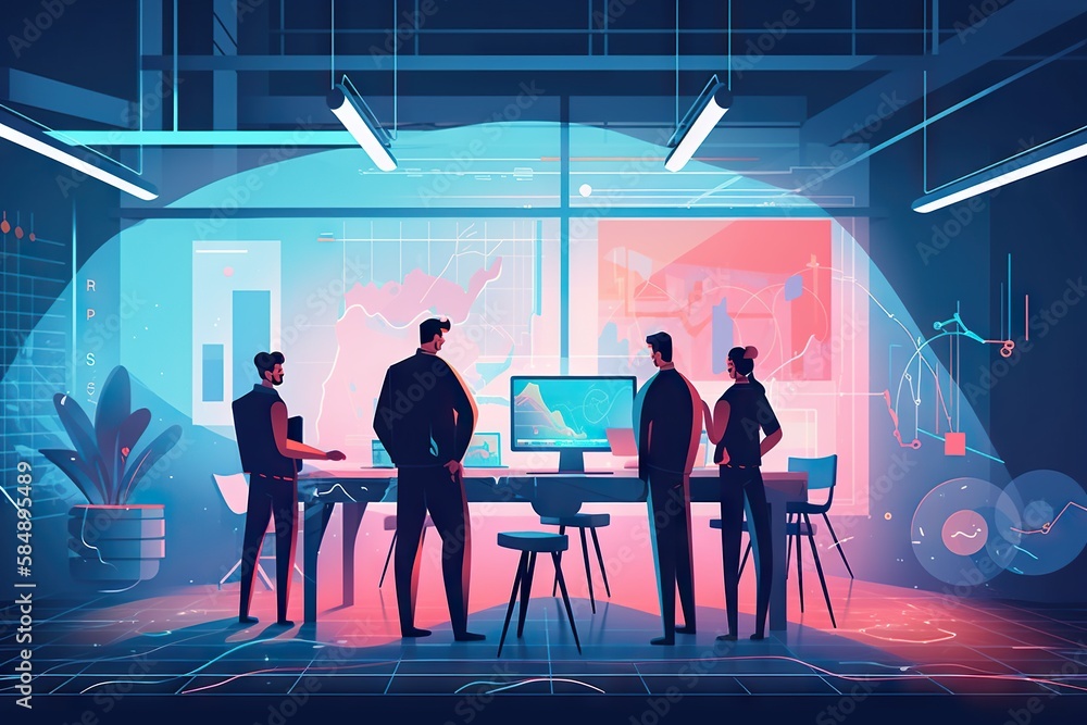 Poster a group of people standing around a computer screen in a room conference room graphic design project