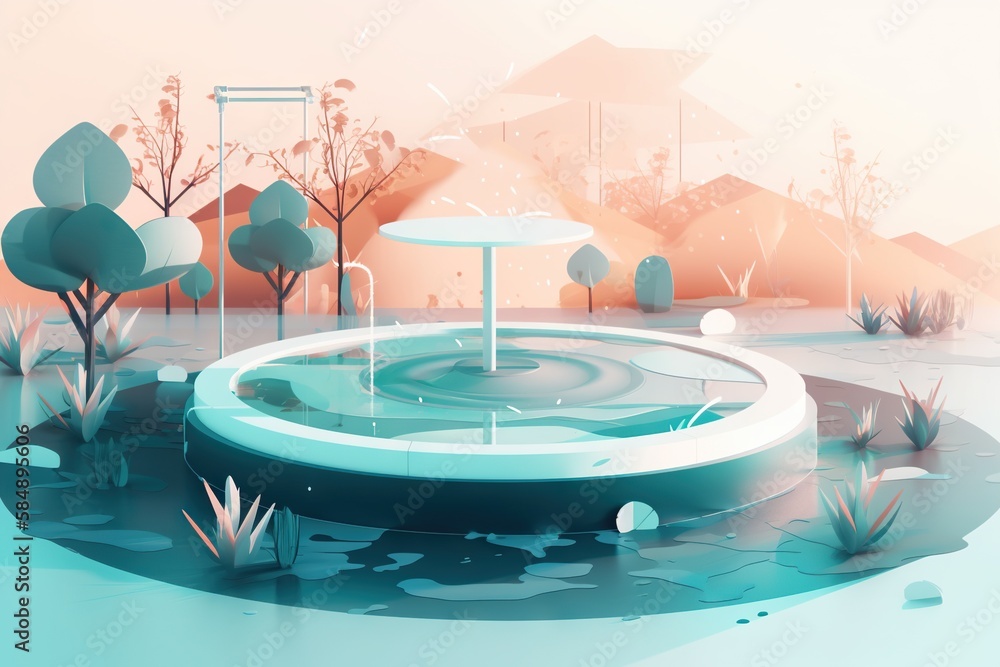 Poster A Stylized Image Of A Fountain In A Park With Trees And Bushes Public Pool Environmental Art Motion Graphics Generative AI 