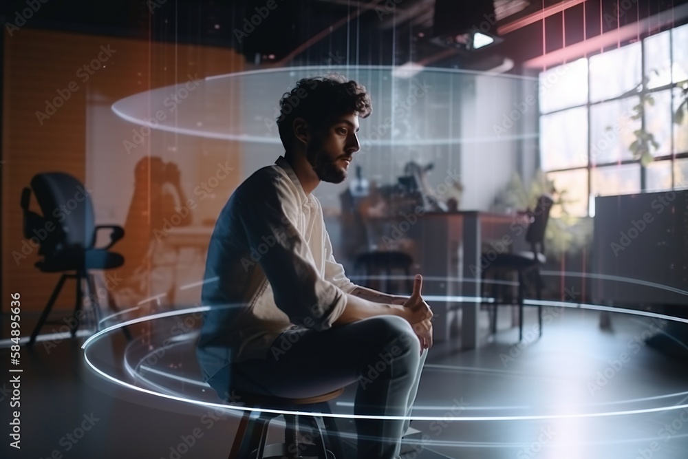 Poster a man sitting on a stool in a room with a circular design conference room video art motion graphics 
