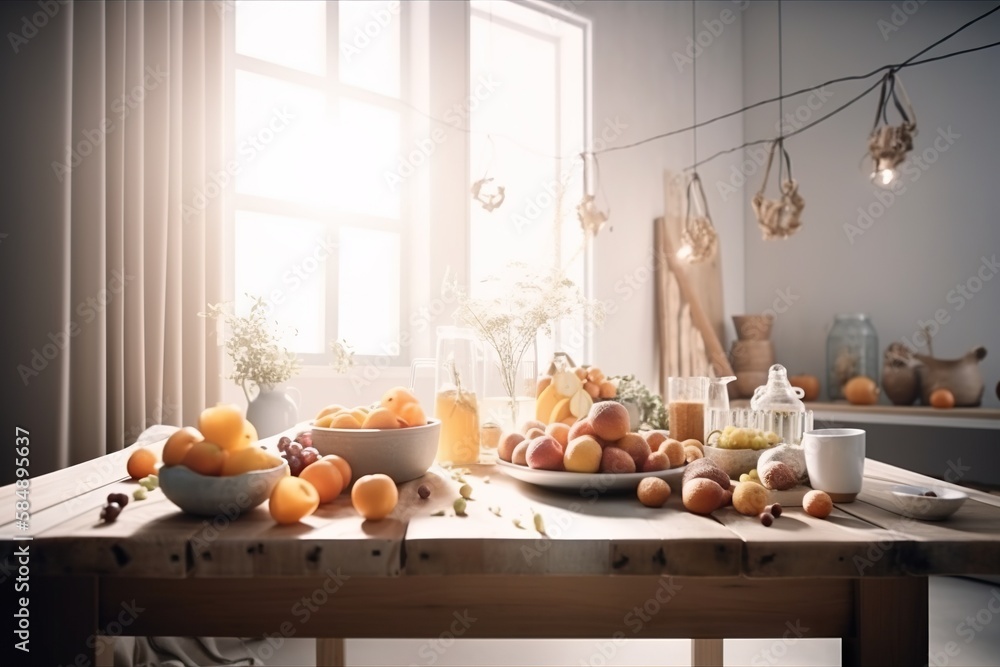 Poster a table with a bowl of fruit and a plate of oranges rustic farm interior photorealism motion graphic