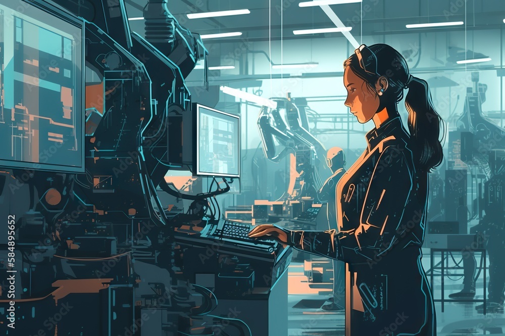Poster a woman working on a computer in a factory with a robot factory animation manufacturing