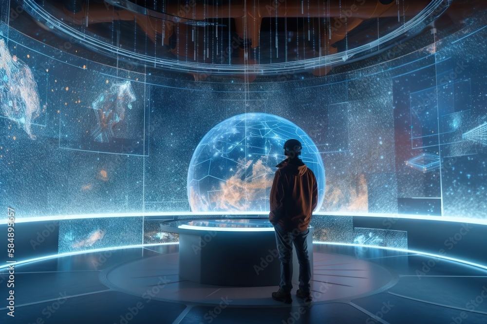 Poster a man standing in front of a large display of space and stars science museum animation augmented rea