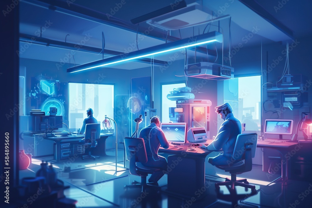 Poster a group of people sitting around a computer desk in a room factory animation cybersecurity