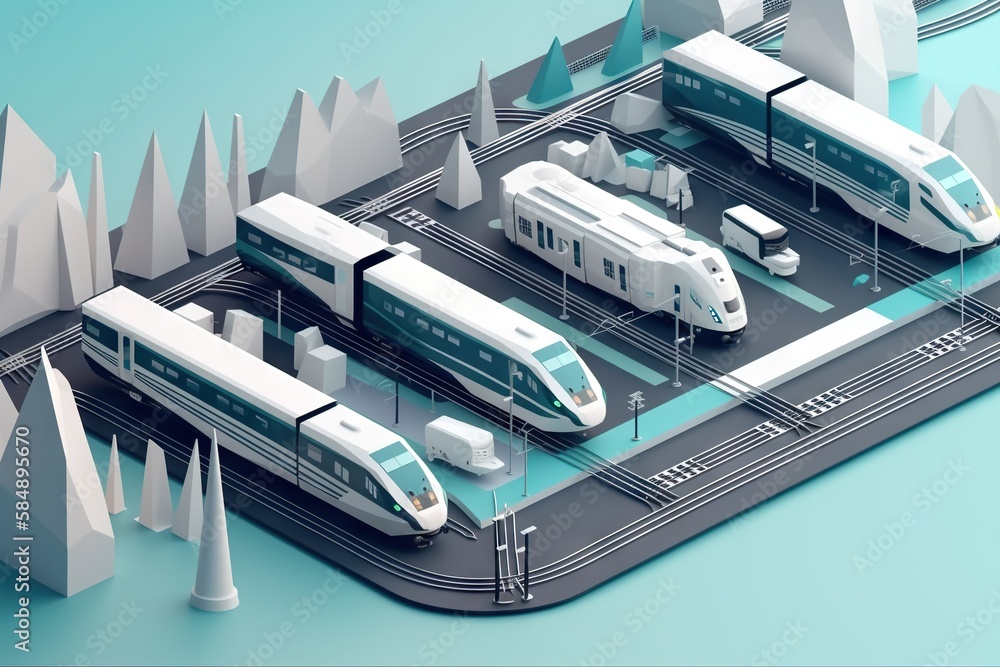 Poster a train station with three trains on the tracks and trees in the background train station animation 