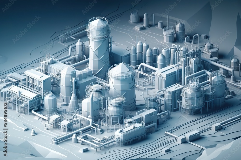 Poster a 3d rendering of a factory with a lot of tanks and pipes factory animation manufacturing planning a