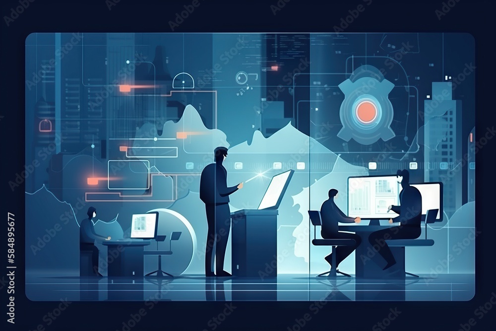 Poster a man standing in front of a computer screen with a man on it workshop graphic design supply chain o