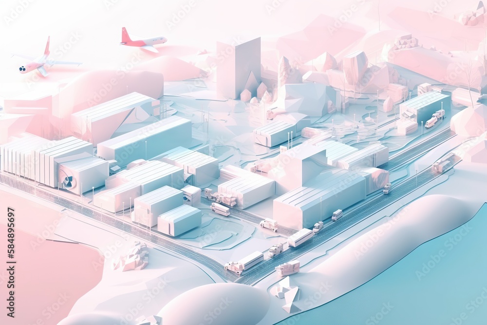 Poster a computer generated image of a city with a plane flying over it industrial port aerial photography 