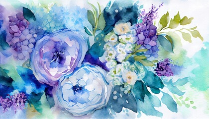 Watercolor painted bouquet, abstract decoration on blue background ,generative AI