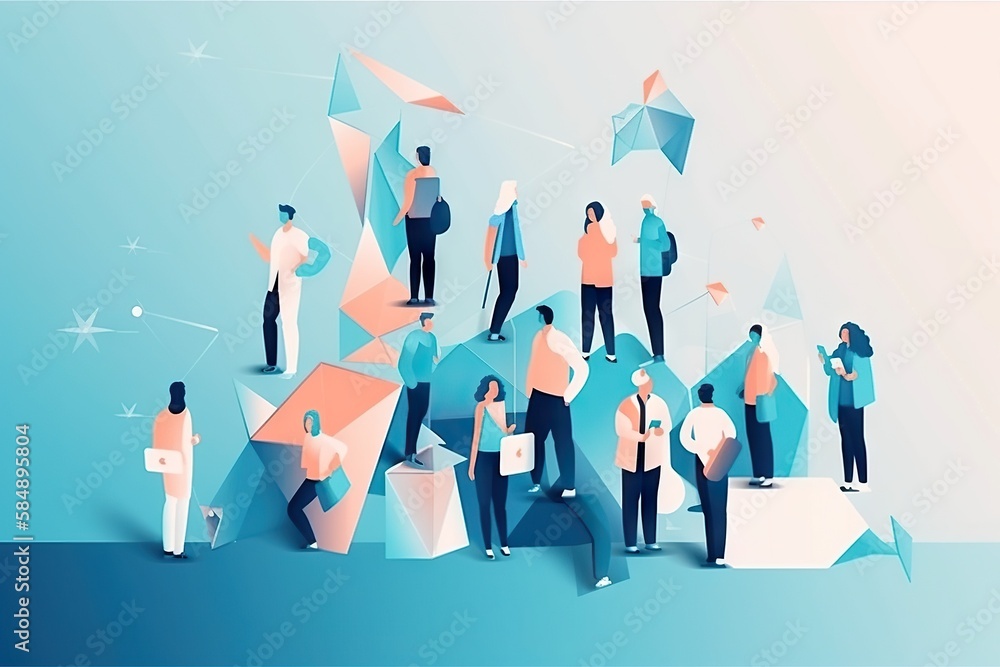 Aufkleber a group of people standing around a blue and pink background with geometric shapes workshop graphic 