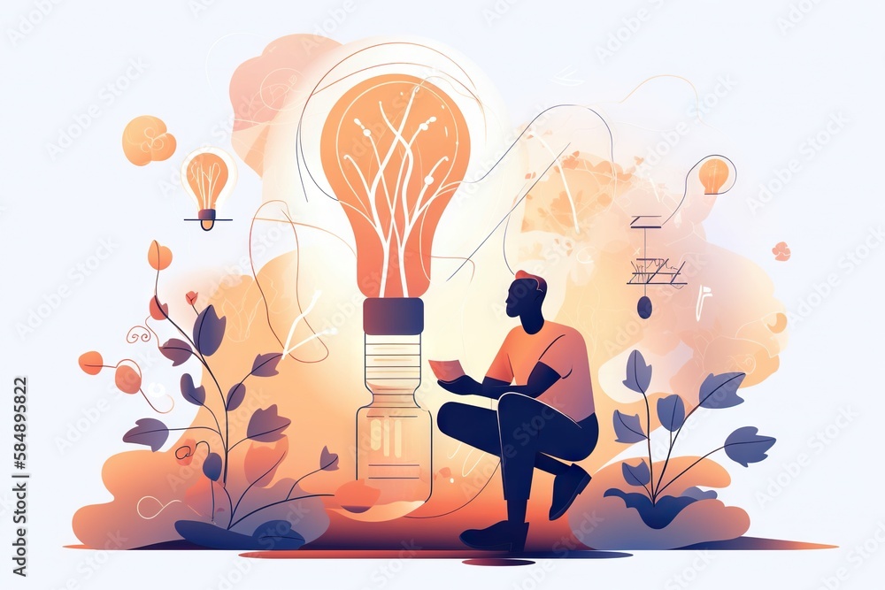 Poster a man sitting in a lotus position in front of a light bulb workshop graphic design science writing