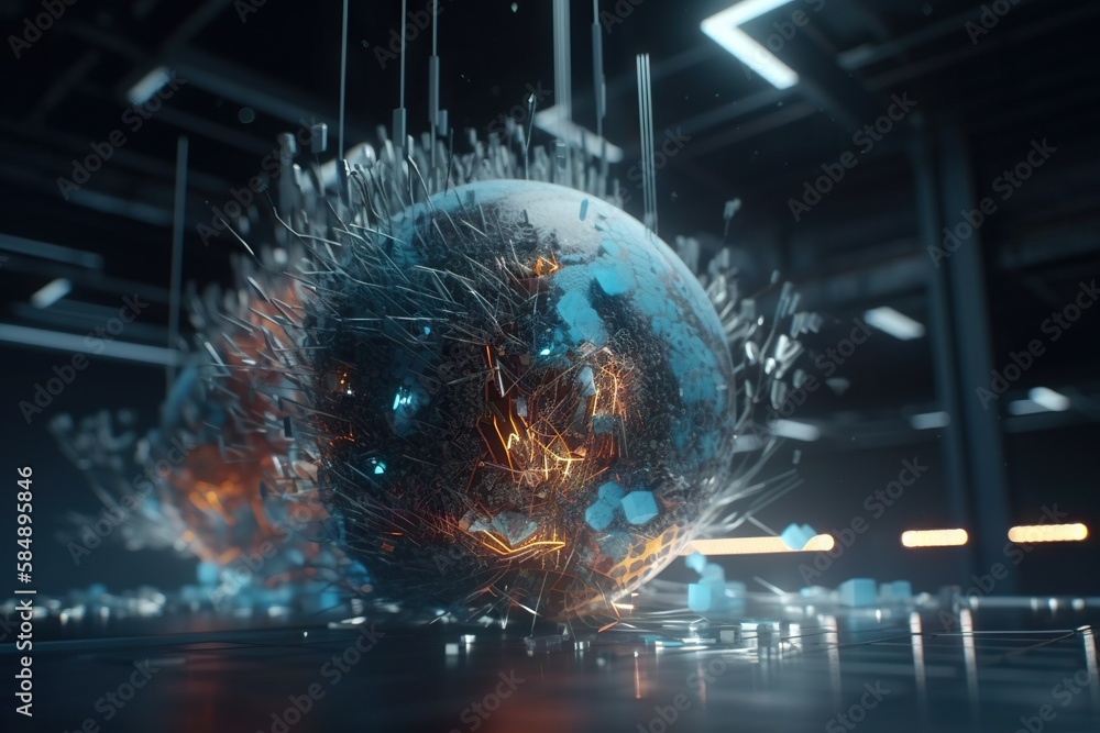 Poster a futuristic sphere with a face and many lights around it in a dark room factory animation motion gr