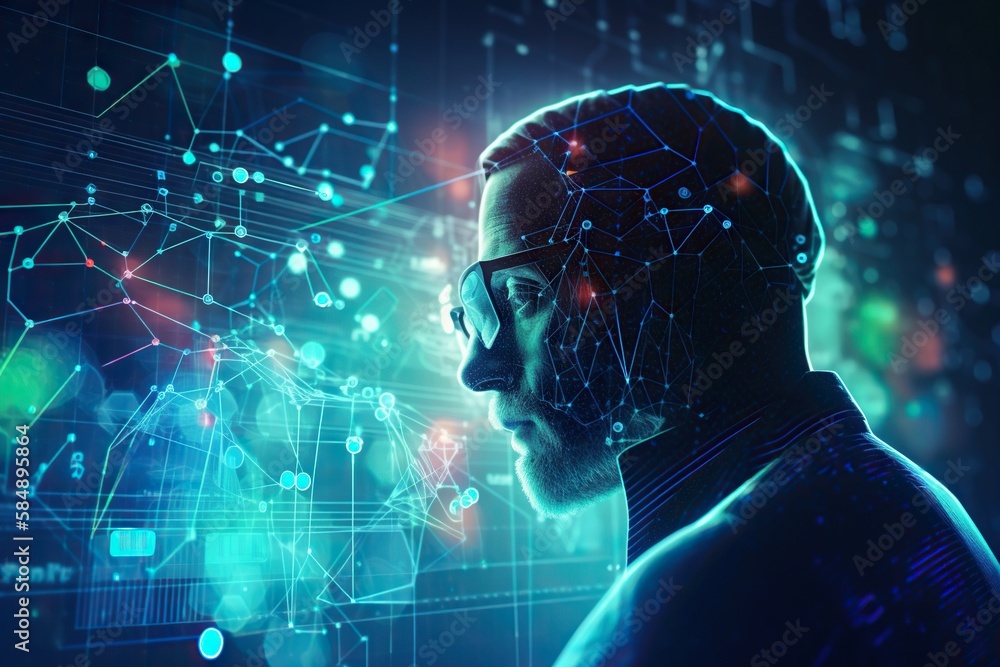 Aufkleber a man with glasses looking at a digital interface of a man's head workshop graphic design supply cha