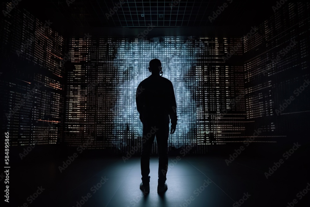 Poster a man standing in front of a large screen with a dark background newsroom video art data analytics