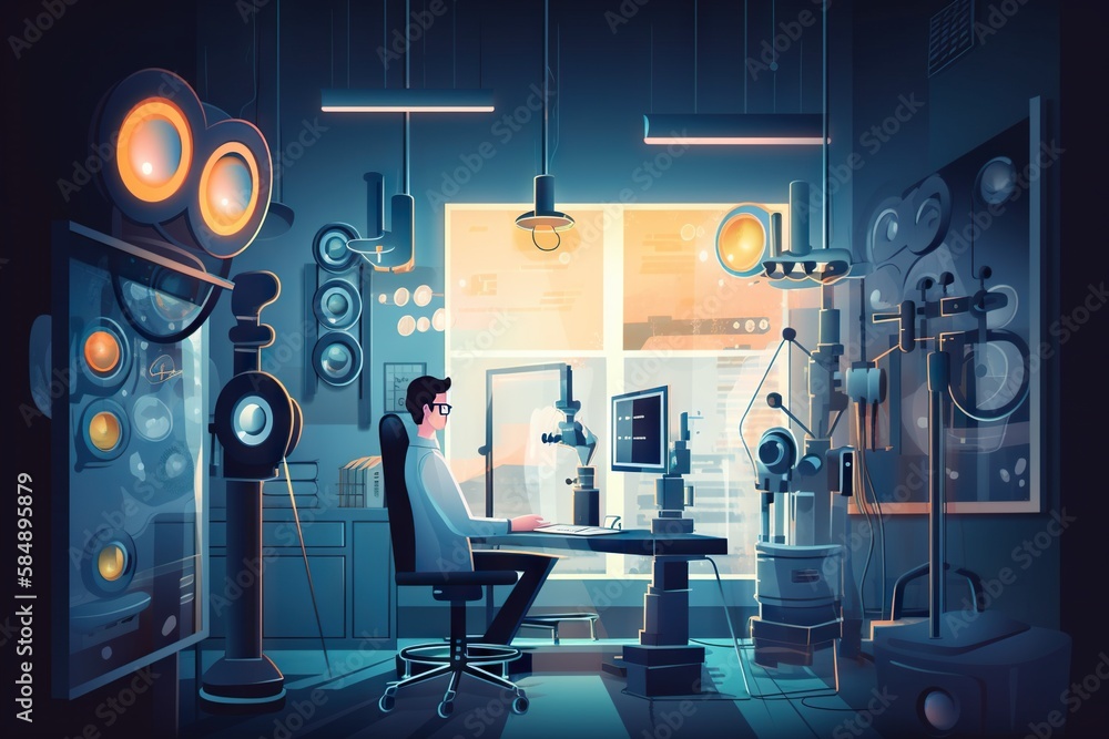 Poster a man sitting at a desk in a room with lots of lights workshop animation robotics engineering