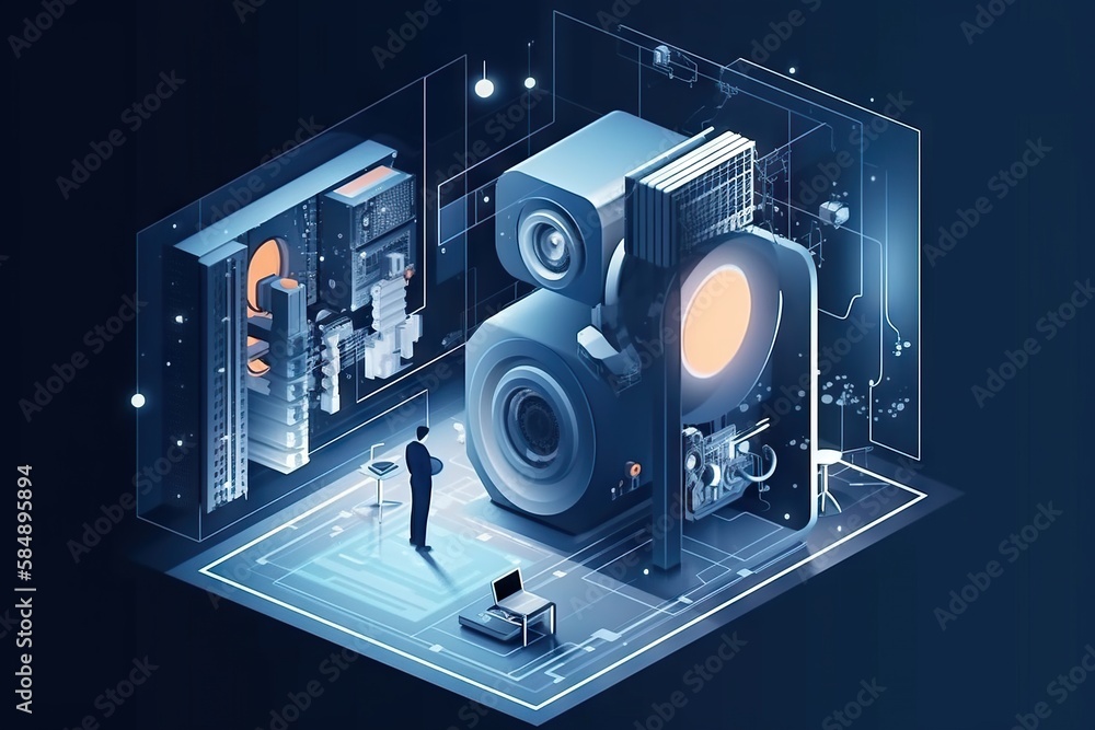 Poster a man standing in front of a computer with speakers on it factory video art motion graphics