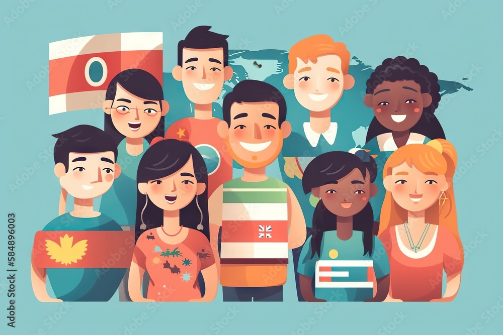 Poster a group of people standing together with flags in the background of a map classroom graphic design d