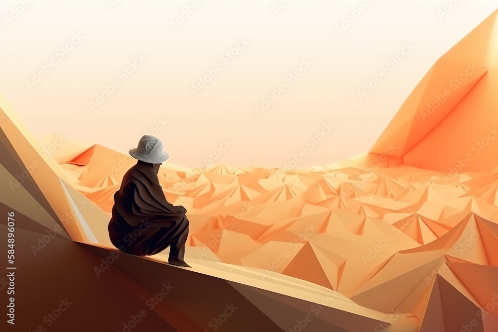 Aufkleber a person sitting on a rock looking at a desert landscape with mountains desert animation motion grap