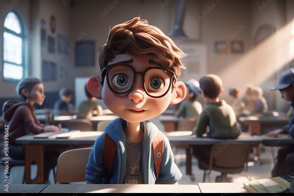 Poster a boy with glasses sitting at a table in a classroom with other children classroom animation animati