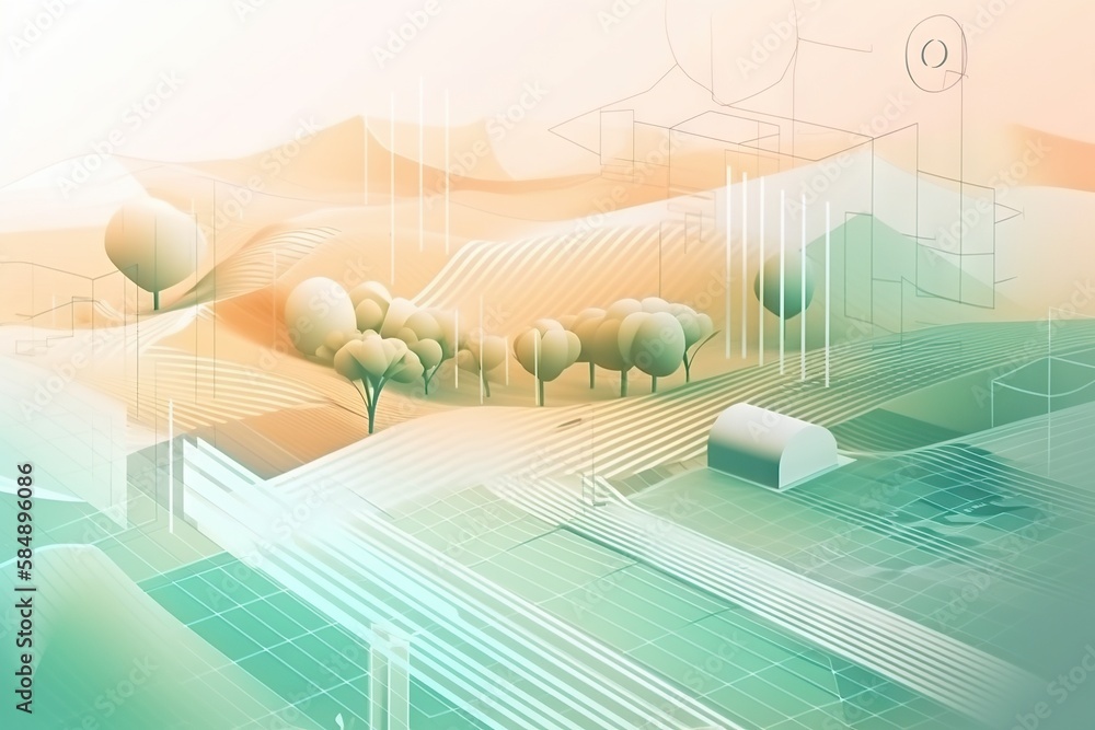 Poster a digital painting of a landscape with trees and buildings in the background solar farm environmenta