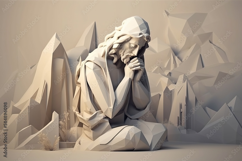 Poster a statue of a man sitting in front of a mountain range gothic cathedral stone carving 3d modeling ge
