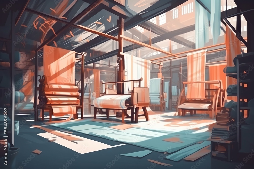 Poster a room with a lot of furniture and a rug on the floor factory animation motion graphics generative a