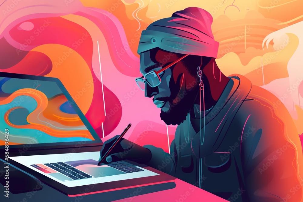 Poster a man in a turban is using a laptop computer workshop graphic design graphic design generative ai