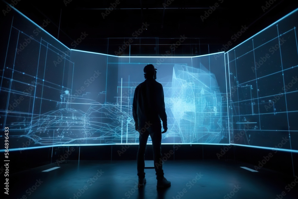 Poster a man standing in front of a large screen with a picture of a brain workshop video art augmented rea
