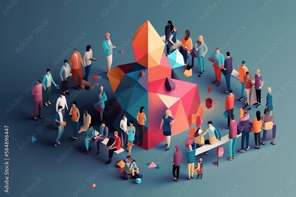 Poster a group of people standing around a colorful object with a large group of people workshop graphic de