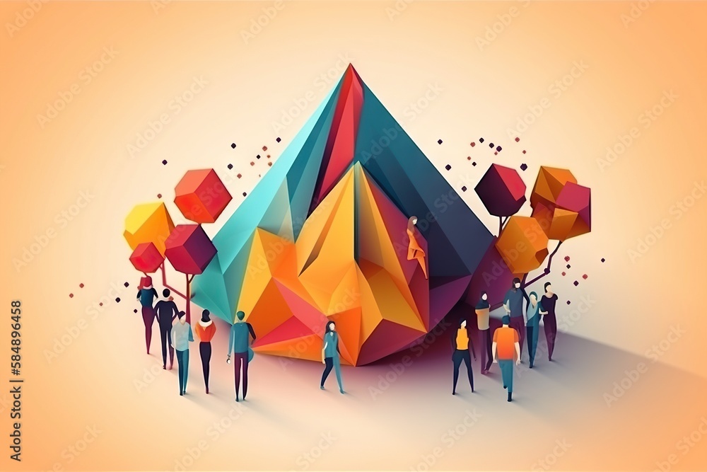 Poster a group of people standing around a colorful object with geometric shapes workshop graphic design le