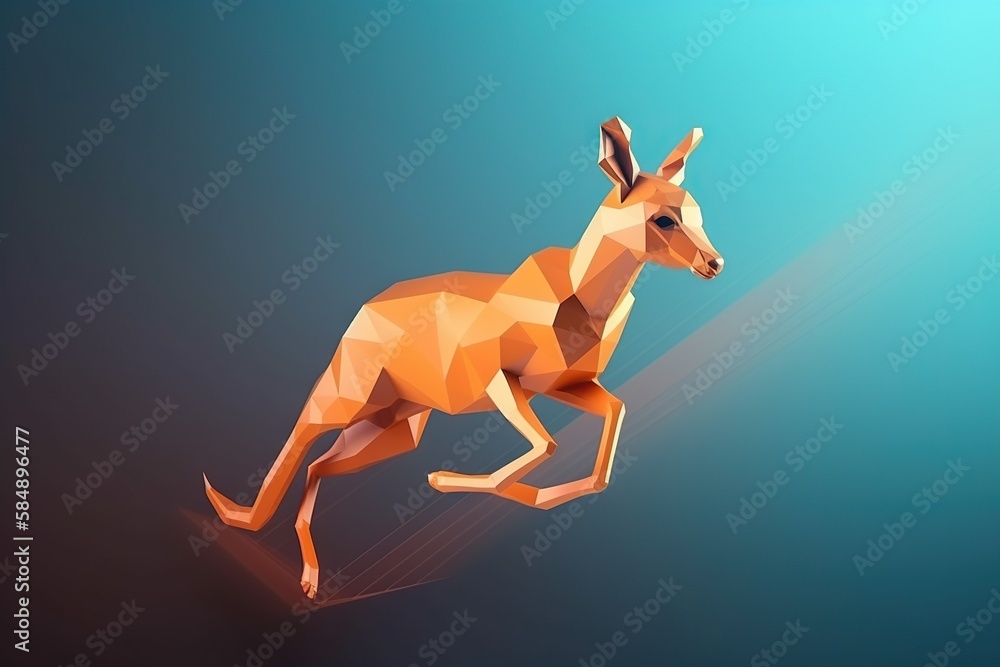 Poster a kangaroo running on a blue background with a light beam in the middle zoo origami motion graphics 
