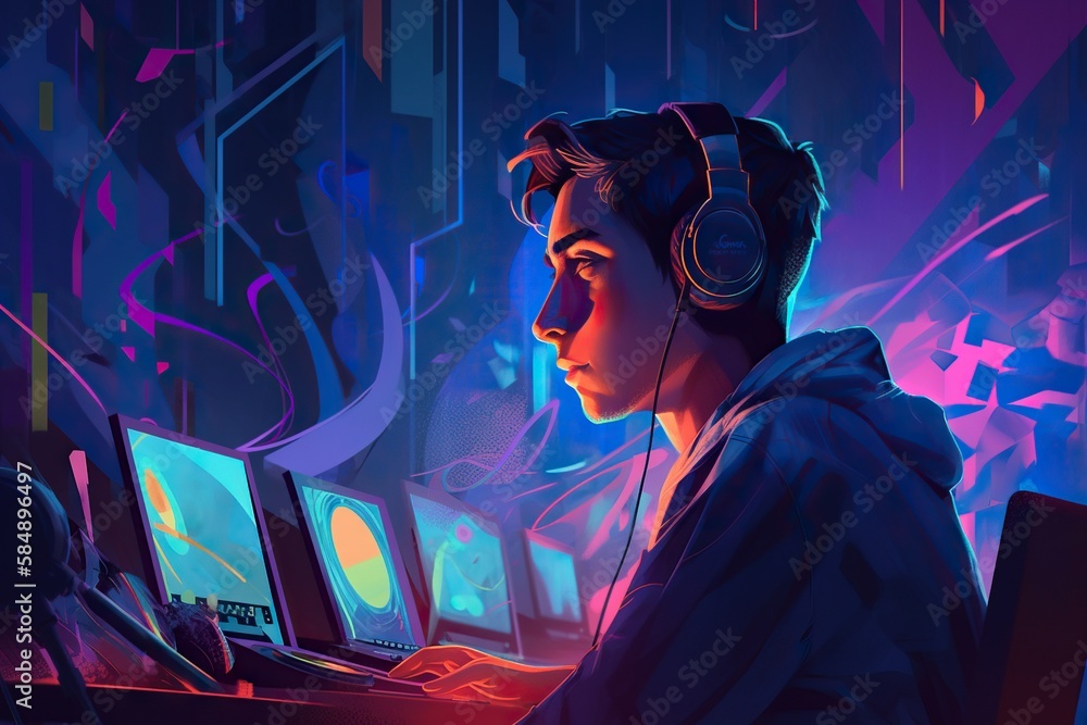 Poster a man wearing headphones sitting in front of a computer monitor factory digital art computer program