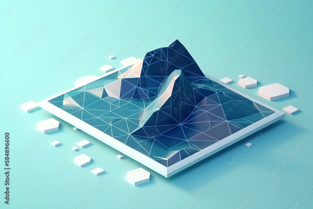Poster a blue mountain with a white frame on it and some white blocks himalayan peak animation motion graph