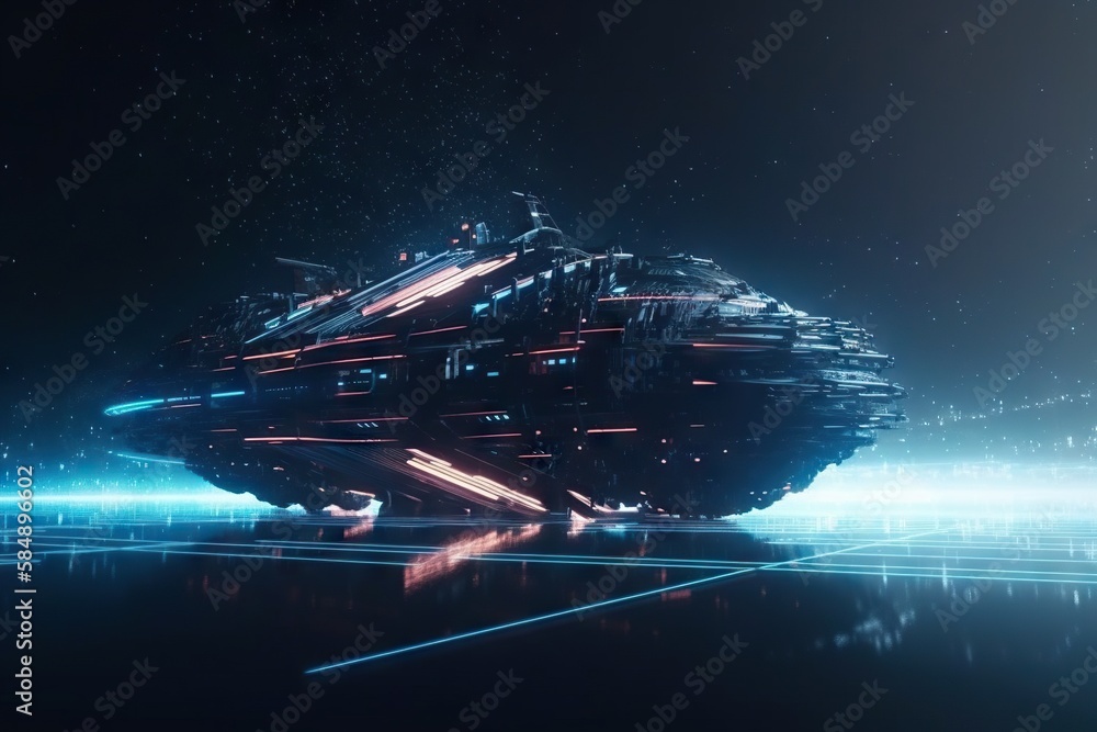Poster a futuristic ship floating in the air with a star in the background arcade animation motion graphics