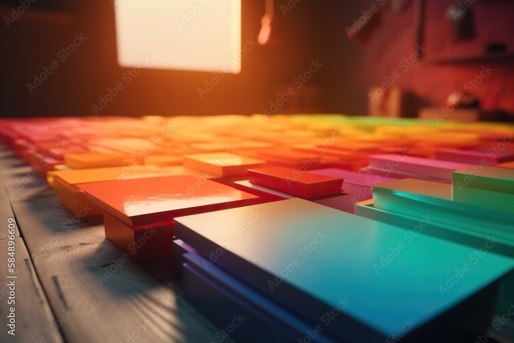 Poster a table with many different colored papers on it and a projector in the background workshop photorea