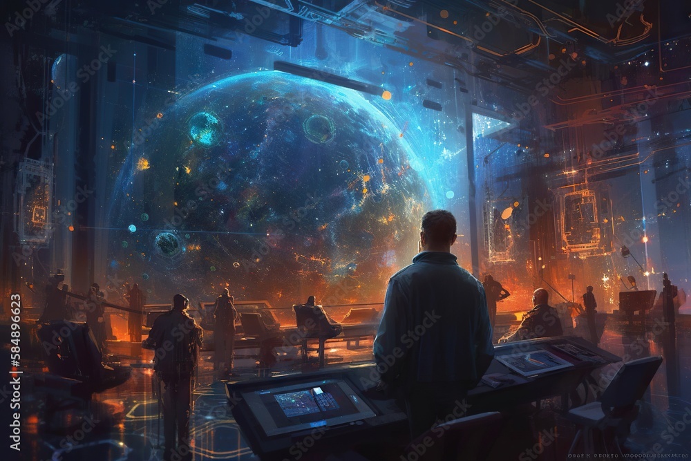Poster a man looking at a large space filled with people and a large object aquarium assemblage astronomy