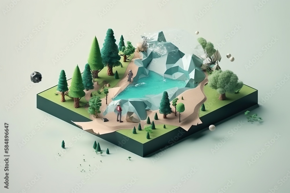 Poster a small island with trees and mountains on it surrounded by a lake glacier animation motion graphics