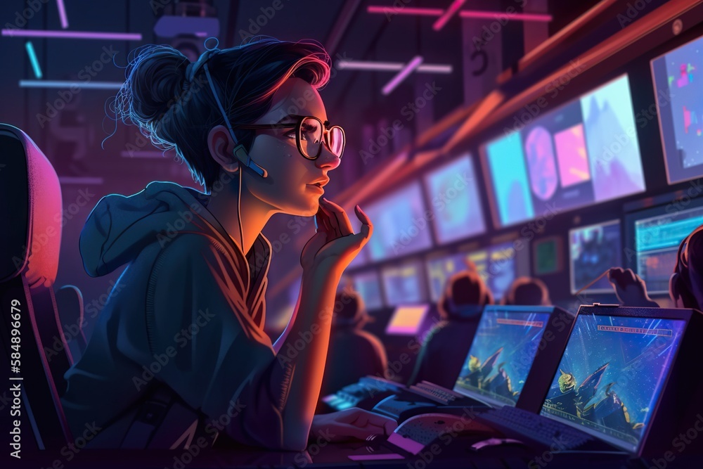 Poster a woman sitting at a computer desk in front of a monitor library animation computers generative ai