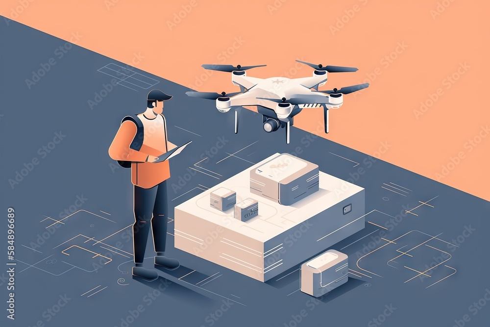 Poster a man standing next to a box with a remote control flying above it workshop aerial photography suppl