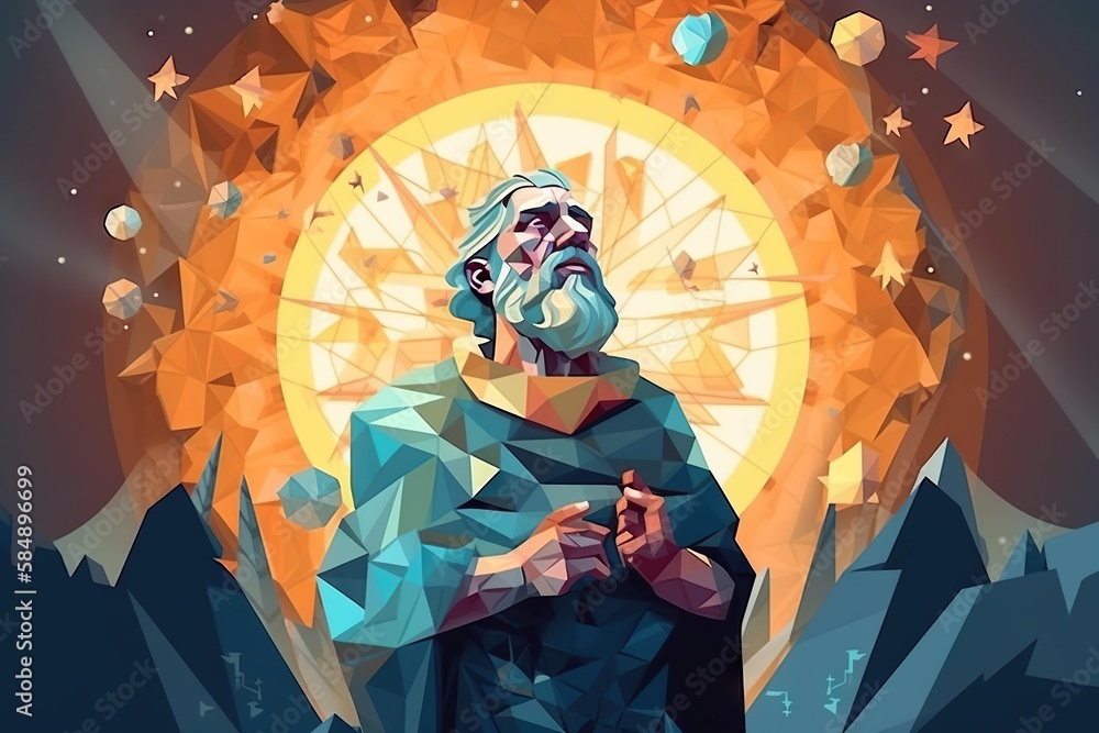 Poster a man with a beard and a beard standing in front of a sun oasis graphic design digital illustration 