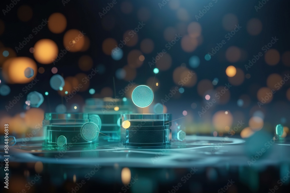 Poster a group of coins sitting on top of a table next to a laptop factory animation motion graphics genera