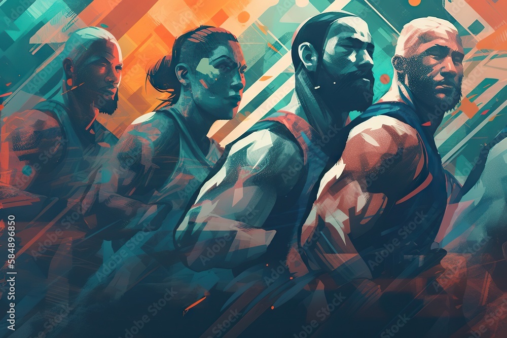 Aufkleber a group of men standing next to each other in front of a colorful background sports bar graphic desi